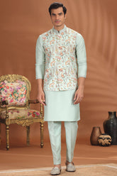 Sea Green Silk Printed Kurta Pajama with Jacket